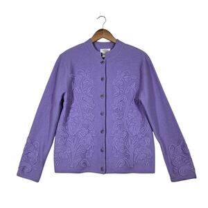 VTG Talbots 100% Wool Cardigan sz M Lilac Lavendar Button Front Embroidered